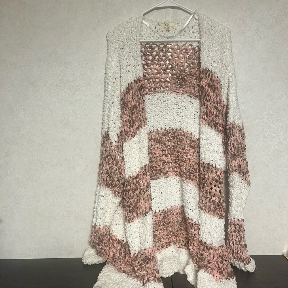 Kori‎ America Pink and Cream Crochet Cardigan